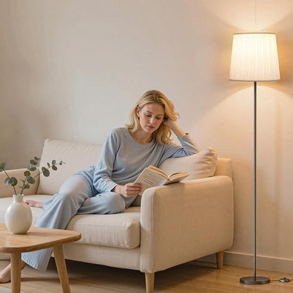 Pleated Shade Floor Lamp - 62" Dimmable Standing Lamp with Remote & Foot Switch, 4 Color Temps, E26 LED Bulb, 9W Modern Floor Reading Light for Living Room Bedroom Office Corner, Black