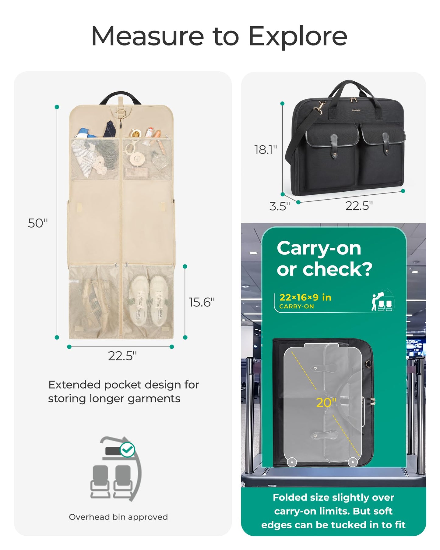 BAGSMART Large Garment Bags for Travel, Carry on Garment Bags for Hanging Clothes, Travel Suit Bag for Shirts Dresses Coats, Beige