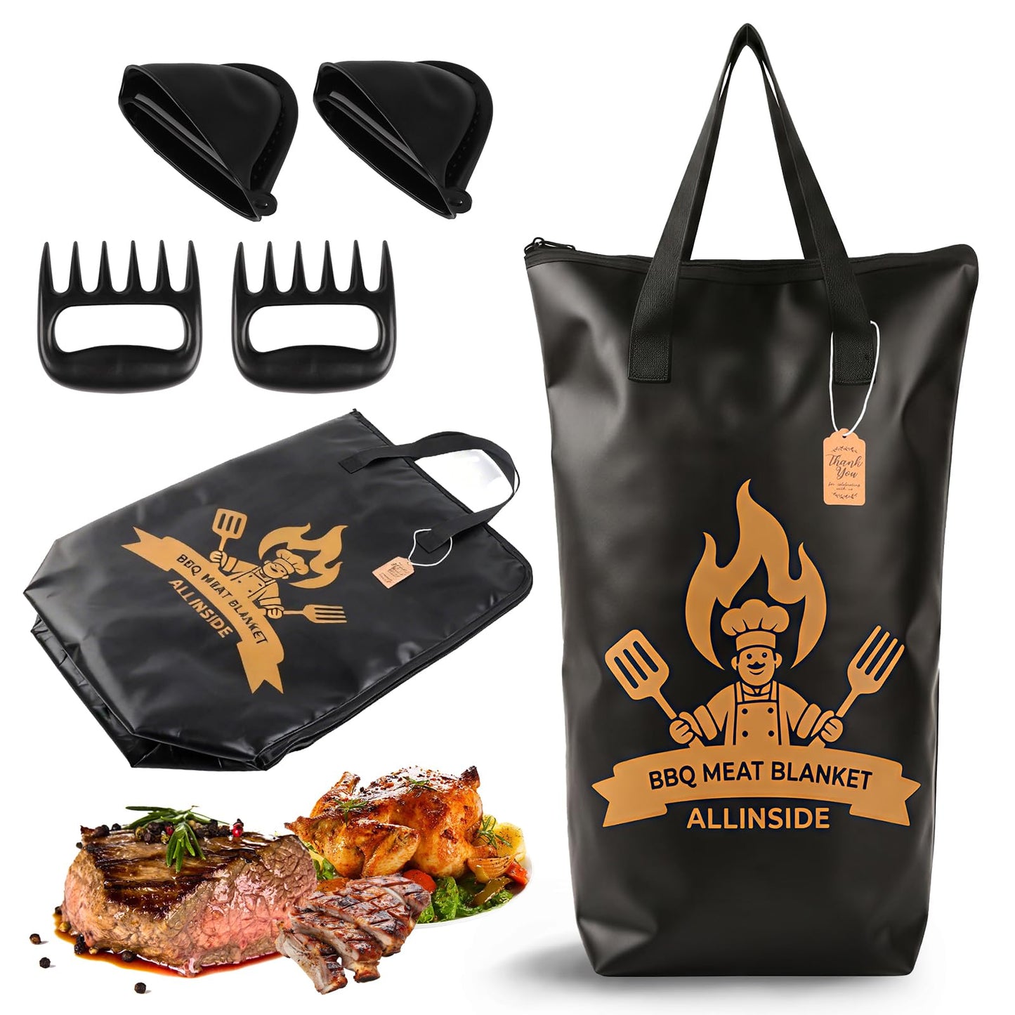 Allinside BBQ Blanket for Resting Meat - Extra Large Insulated Meat Resting Bag with 2 Meat Shredder Claws, 2 Silicone Heat-Resistant Gloves, Greeting Card & Lanyard | Reusable Grilling Accessory