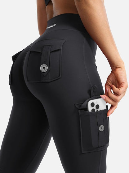 YEOREO CoreFlex Women Workout Flare Leggings with Pockets Hidden Scrunch High Waisted Cargo Gym Yoga No Front Seam Leggings Black M