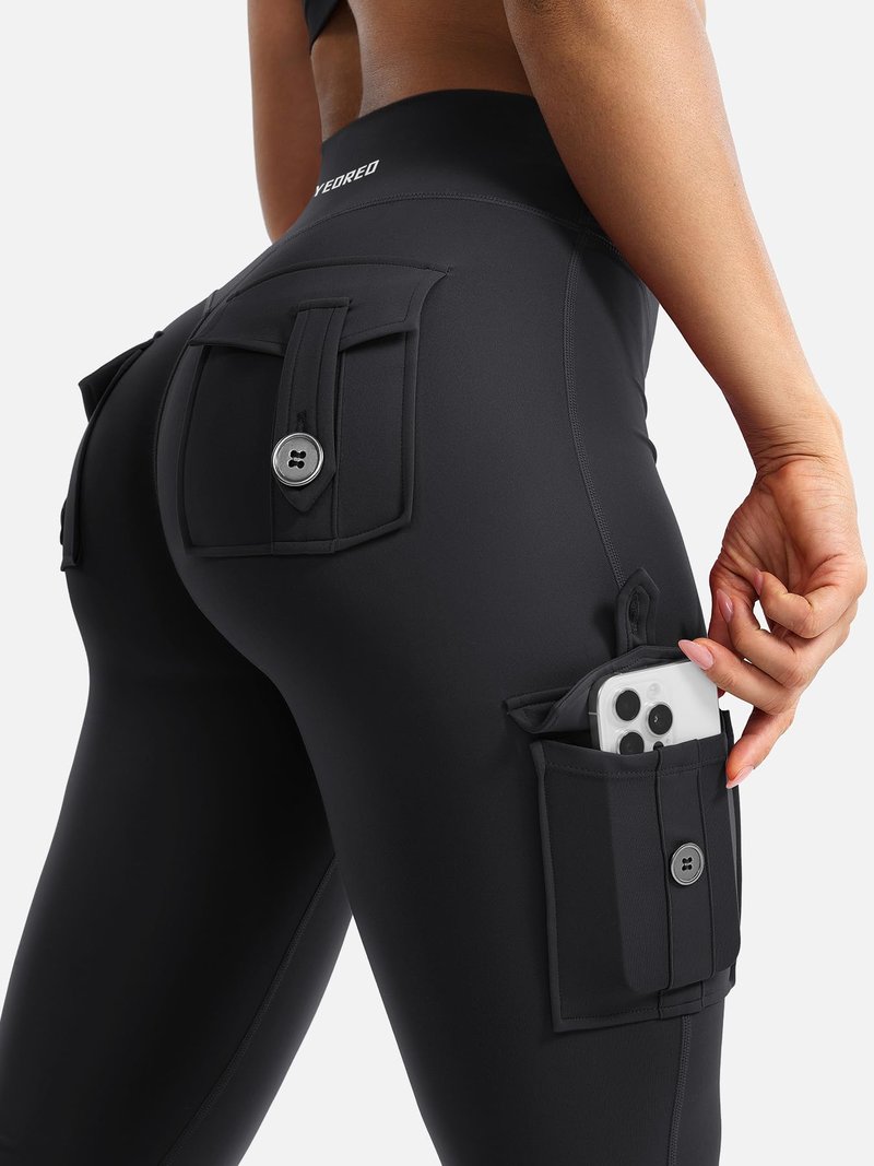 YEOREO CoreFlex Women Workout Flare Leggings with Pockets Hidden Scrunch Cargo Gym Yoga No Front Seam Leggings Black XL