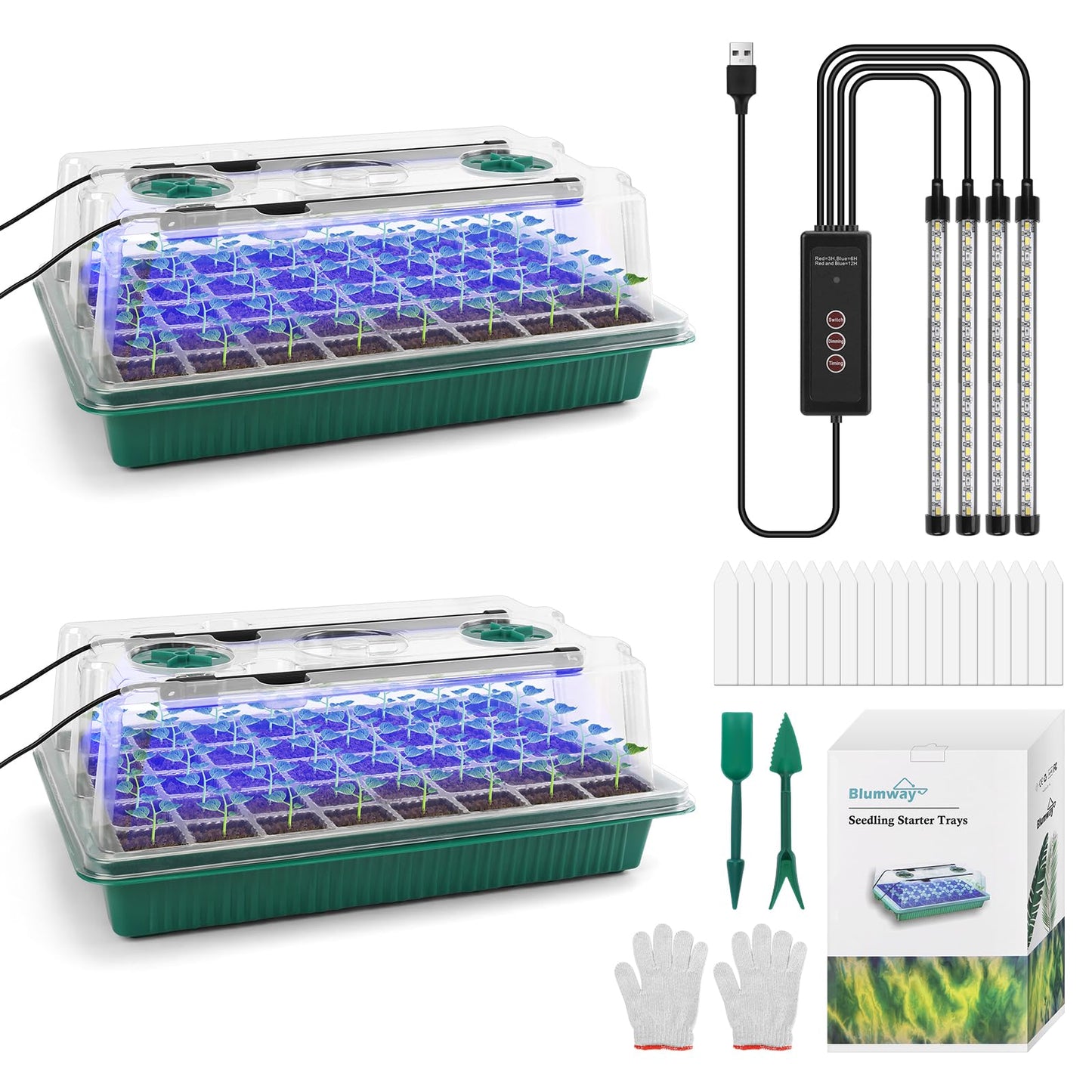 BlumWay Seed Starter Tray with Grow Light,2 Pack 80 Cells Seedling Tray Kit with Humidity Dome/Indoor Plant Starter Kit, Adjustable Brightness Plant Germination Trays