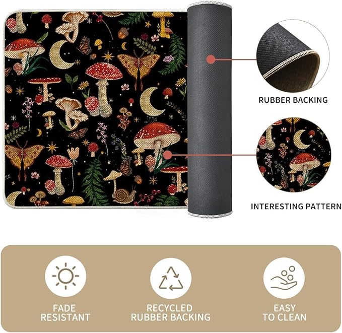 Artoid Mode Black Mushrooms Butterfly Spring Kitchen Mats Set of 2, Home Decor Low-Profile Kitchen Rugs for Floor - 24x35 and 24x59 Inch