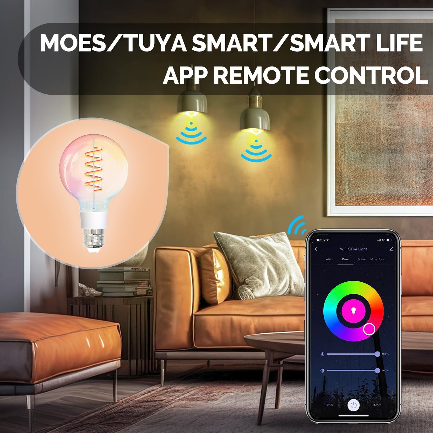 MOES Smart ST64 Edison LED Light Bulbs, Color Changing WiFi ST21 Smart Bulbs, 2700K-6500K CW& RGB Dimmable, Smart Life Remote Control, Work with Alexa/Google Home, 470lm 5W (40W Equivalent) 2 Pack