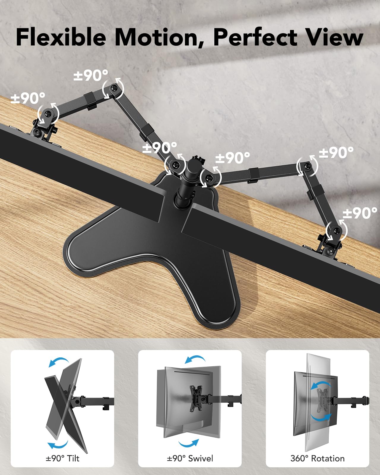 HUANUO 32 inches Dual Monitor Stand up to 17.6lbs per Arm, High-Grade Aluminum Free-Standing Dual Monitors Mount for 2 Screens. Fully Adjustable Dual Monitor Stand for Desk with Tilt, Swivel, Rotation