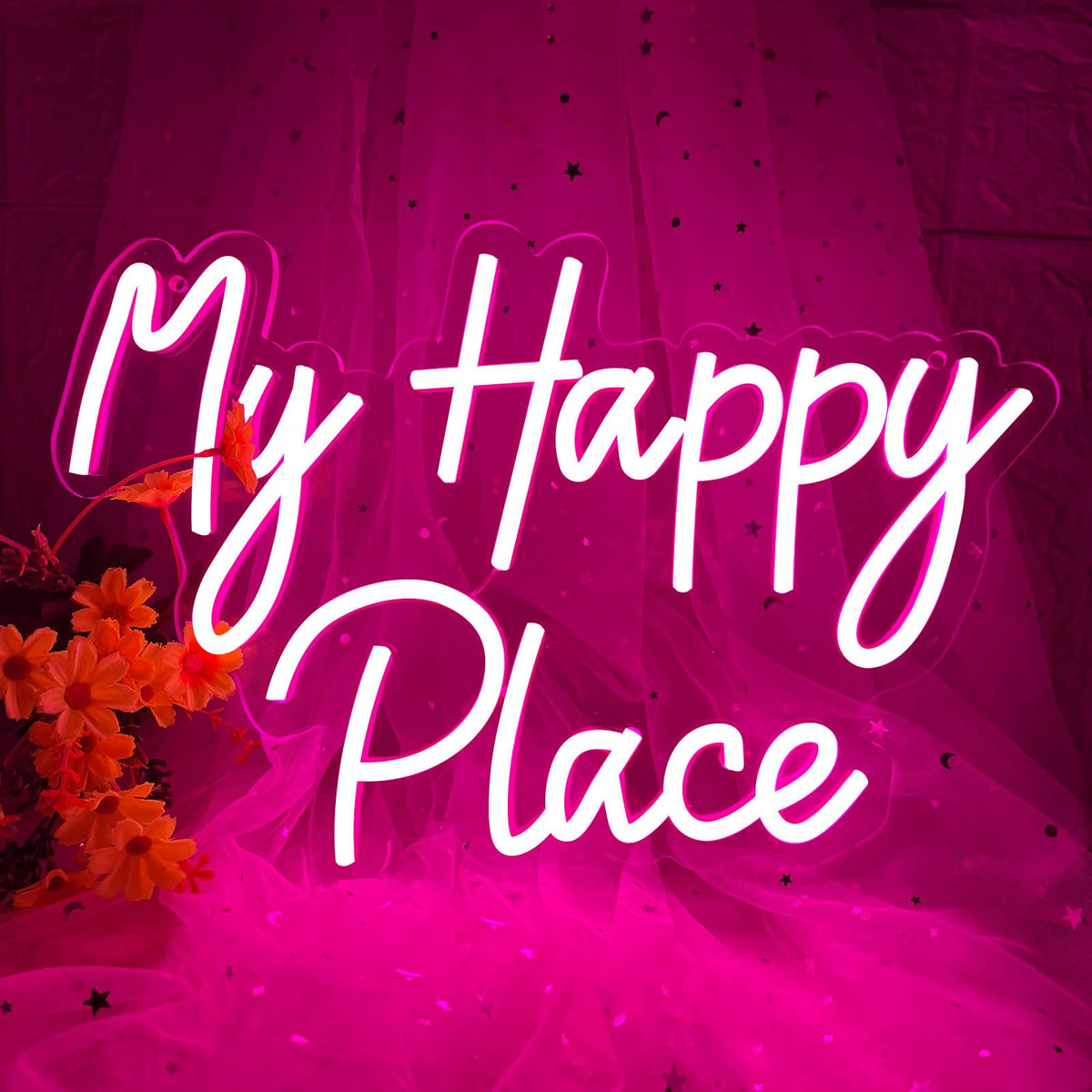 My Happy Place Neon Sign, Dimmable Pink LED Neon Light for Wall Decor, USB Powered My Happy Place Signs, Words Neon Lights for Girls Bedroom Birthday Party Wedding Christmas Halloween Aesthetic
