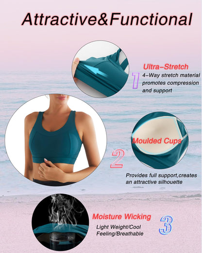 RUNNING GIRL High Impact Sports Bras for Women,Racerback Running Bra Workout Crop Tank Tops Longline Sports Bra Push up(WX2667 Teal XXL)
