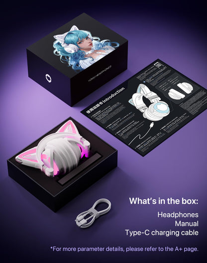 YOWU Cat Ear Headphones CE, Wired/Wireless Headphones with Seamless Live Sound Experience for PC/PE/Switch, Built-in Mic & Customizable RGB Light Effect for Anime Lovers(White)