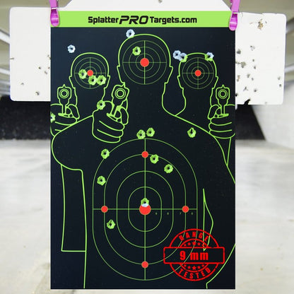12x18 Splatter Targets. Fully Reactive Targets. See Your Hits and Your Misses! Shots Burst with a Bright Splatter Upon Impact. Instantly See Your Shots. Printed on a Heavy Duty Card Stock.