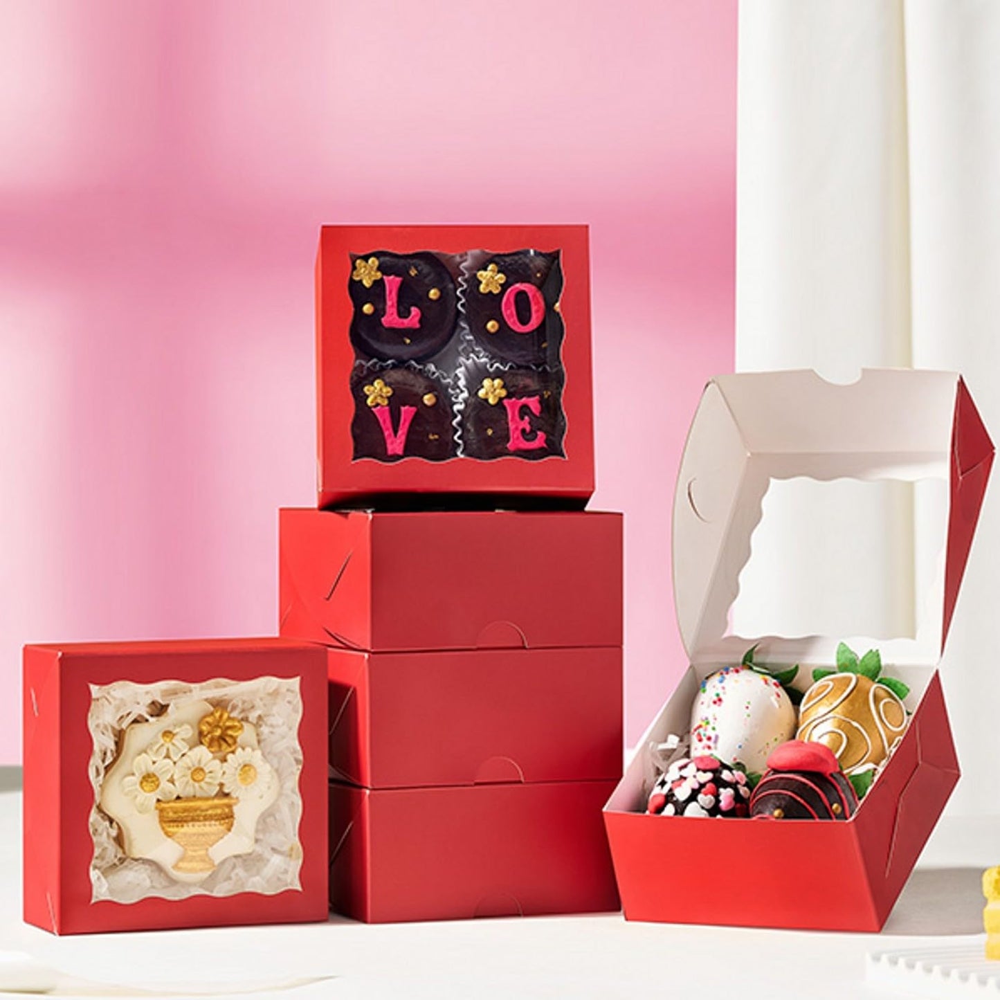 JCXGRVC 50 Pack 4x4x2 inches Red Bakery Boxes with Window - Macaron Cookie Chocolate Truffle Strawberry & Mini Cake Gift Boxes for Valentine's Parties Birthdays Wedding, Christmas Favors