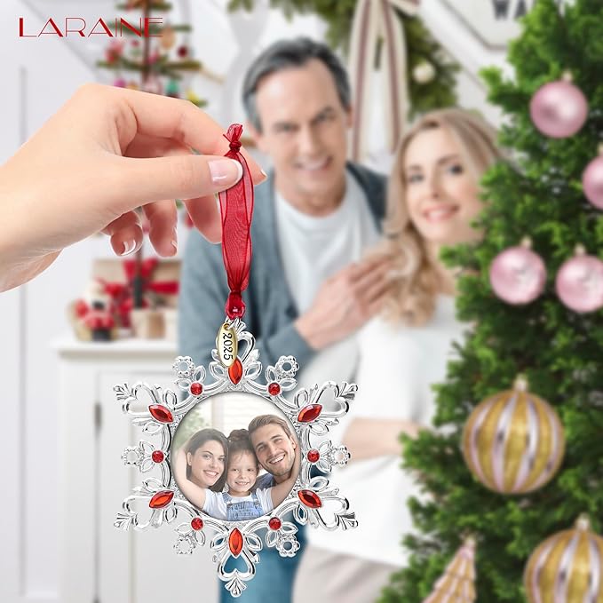 Laraine Christmas Tree Ornaments – Decorative Hanging 2025 Holiday Keepsake Gift Snowflake Pendant with 2” Photo Frame Insert for Picture of Pet (Snowflake Gift Set (2025))