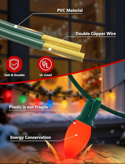 C7 LED Christmas Lights Outdoor,25FT Multicolor C7 Christmas Lights Indoor with 27 0.6w Bulb Fit E12 Base,Xmas Light Outdoor for House, Yard, Garden, Christmas Tree Decoration, Green Wire