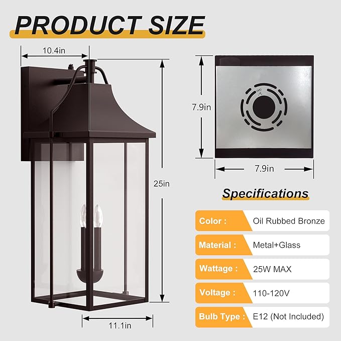 𝟐𝟓-𝐈𝐍𝐂𝐇 Dusk to Dawn Outdoor Wall Light, Large Size Waterproof Patio Lanterns, 3-Light Oil Rubbed Bronze Exterior Wall Mount Outside Sconce with Glass for House
