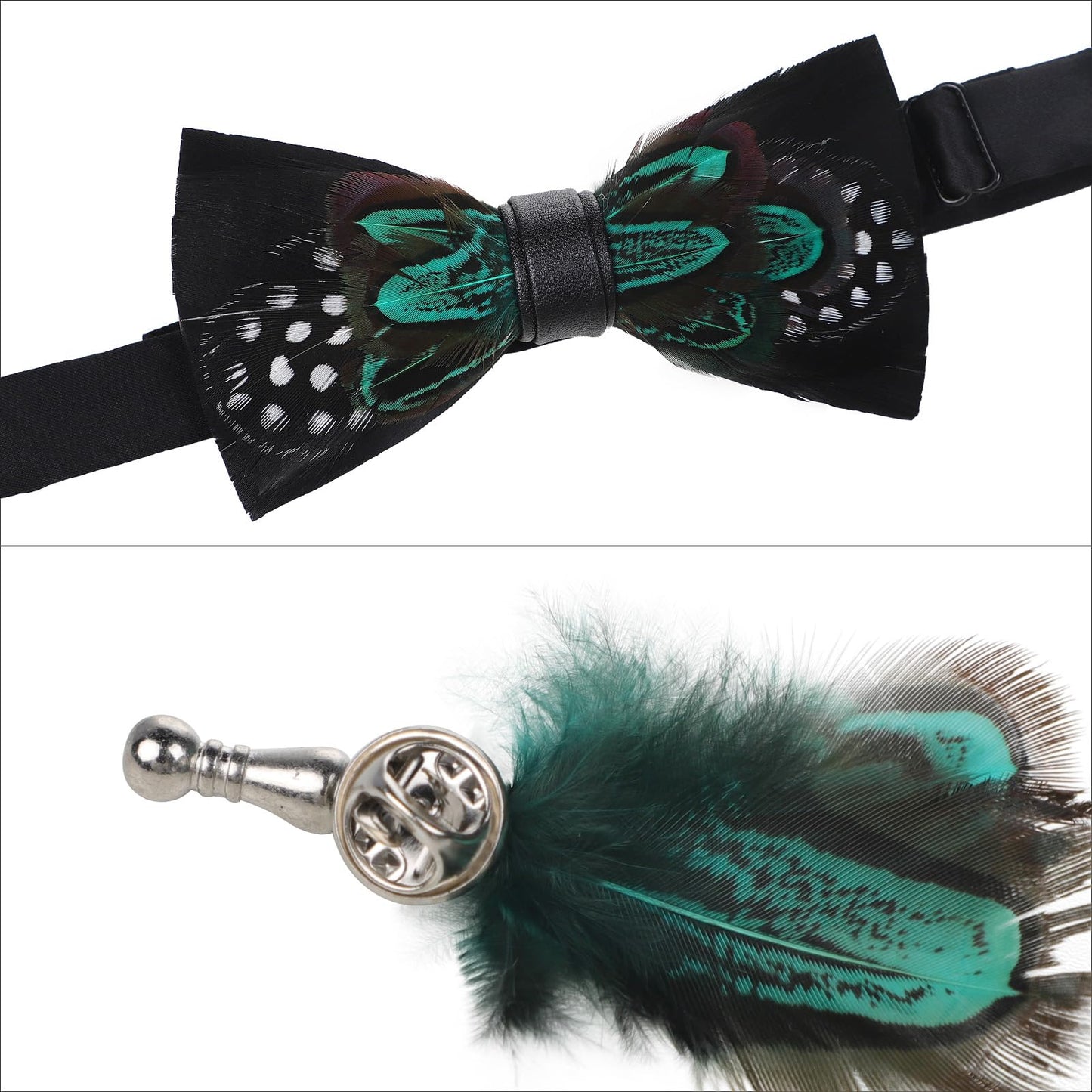 OhMill Men’s Handmade Feather Bow Tie Adjustable Leather Pre Tied Bowtie and Brooch Sets for Weddings Groom Prom Parties