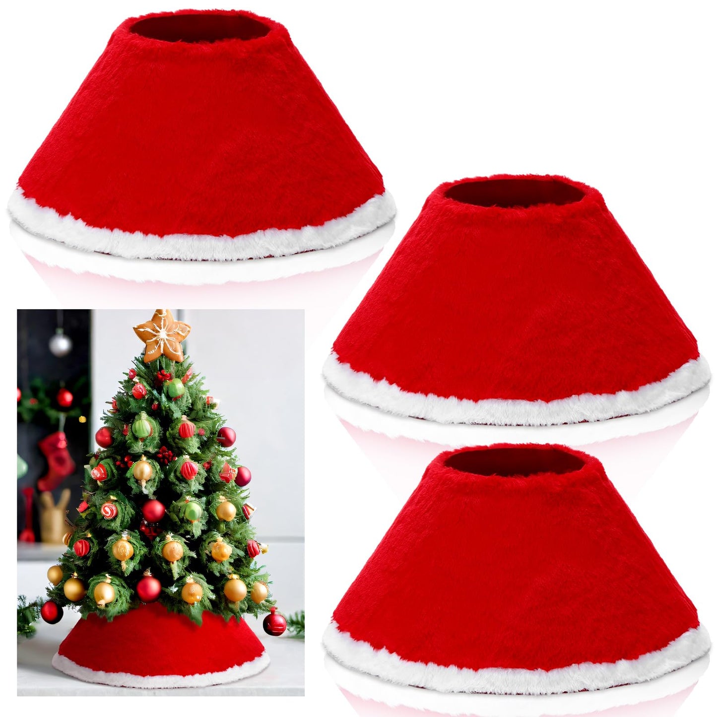 Teenyyou 3 Pcs Mini Christmas Tree Collar for 2-4 ft Mini Tree 17 Inch Diameter Base Small Red Velvet Plush Ring Skirt with White Faux Fur Stand Cover for Xmas Pencil Slim Trees Tabletop Home Decor