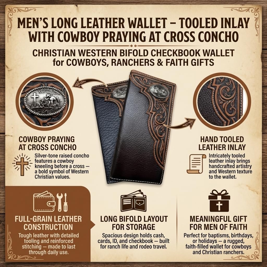 Western Stakes Men's Long Leather Wallet – Western Tooled Bifold Checkbook Organizer with Cowboy Concho (Cowboy Praying, Brown)