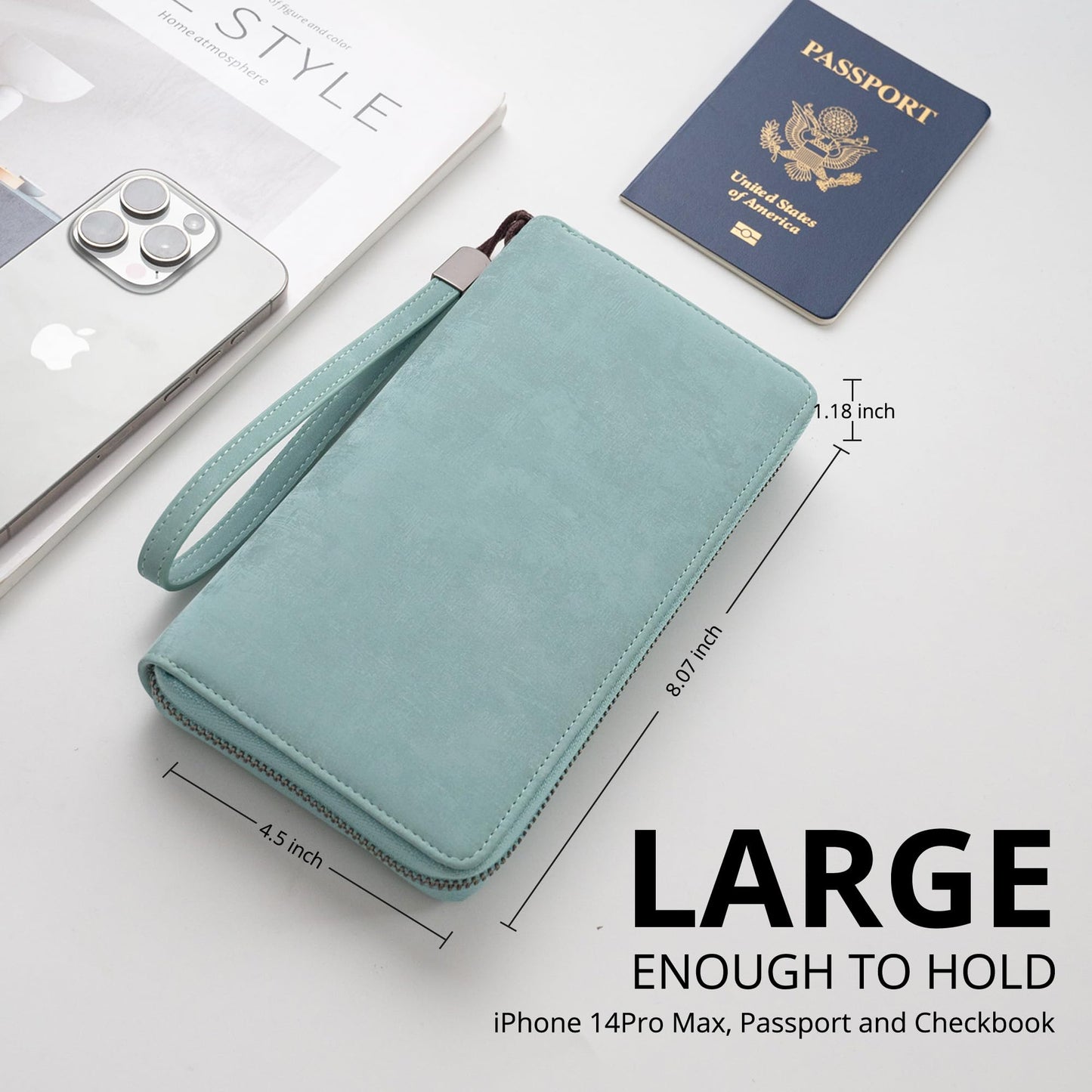 Bveyzi Women RFID Blocking Wallet Leather Zip Around Phone Clutch Large Capacity Ladies Travel Purse Wristlet (Purist Blue)