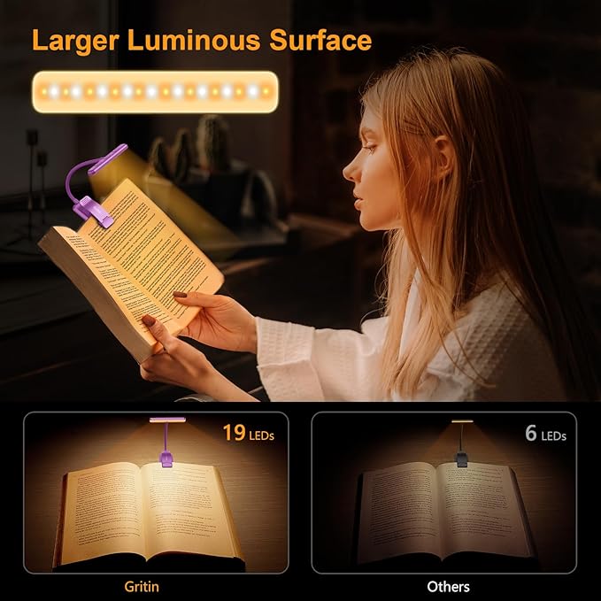 Gritin 19 LED Rechargeable Book Light for Reading in Bed with Memory Function- Eye Caring 3 Color Temperatures,Stepless Dimming Brightness,80 Hrs Runtime Clip on Light for Book Lovers-Dark Purple
