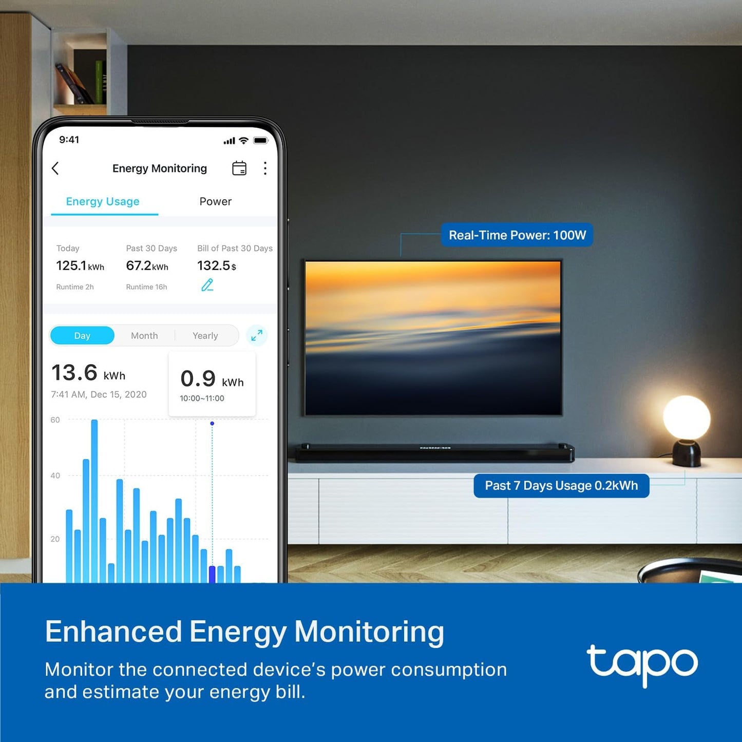 TP-Link Tapo Smart Plug P210M, Wi-Fi in-Wall Outlet, Matter Compatible, Energy Monitoring, 15A/1800W Max, Works with Alexa, Apple Home, Google Home, SmartThings, Voice/Remote Control, ETL Certified