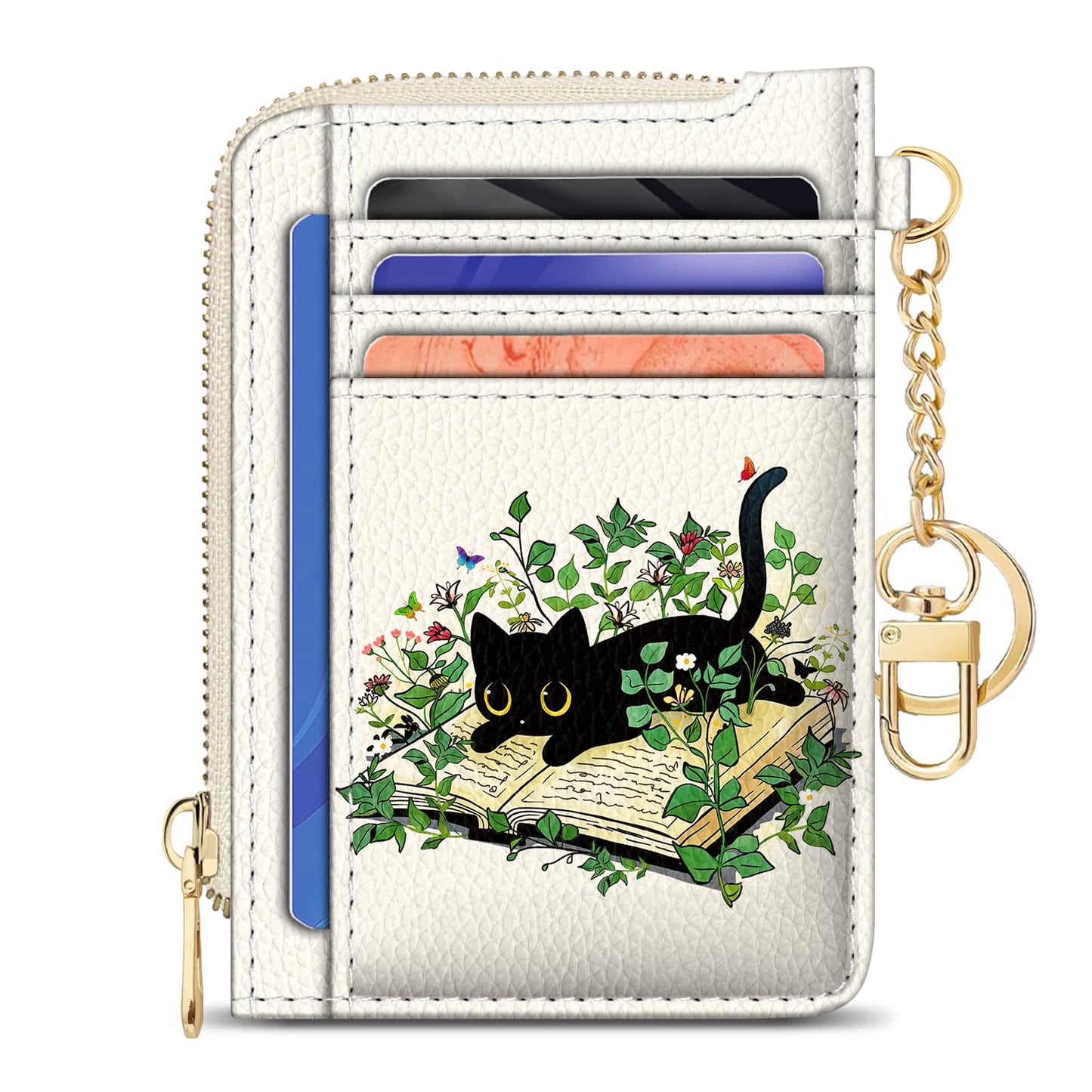 GIANCOMICS Slim Wallet Credit Card Holder Women, Black Cat Rfid Blocking Small Card Case, Keychain Thin Pocket Curved Zipper Wallet, Travel Card Holder PU Leather ID Window, Ladies Female Gifts