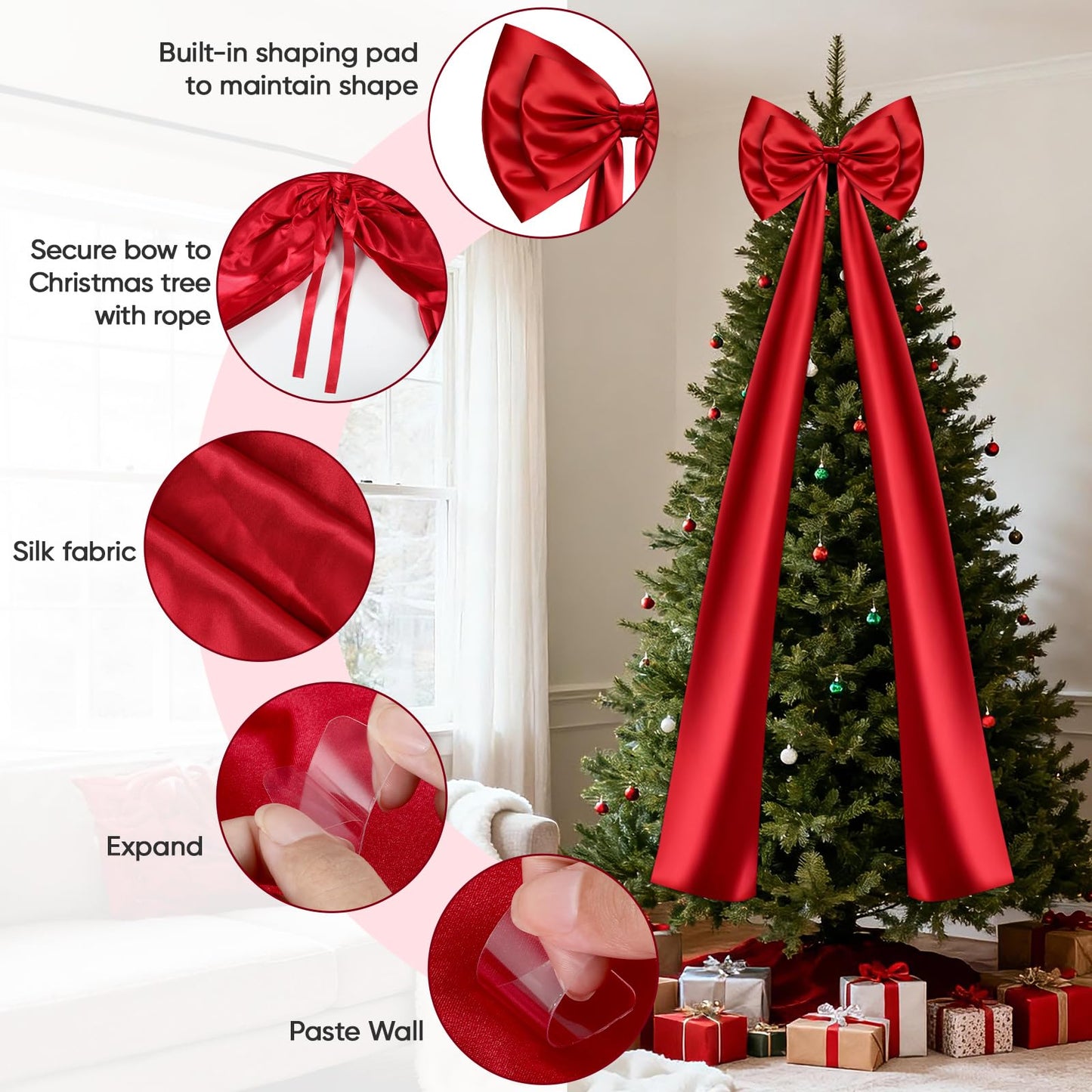 Christmas Tree Topper Bow, Double-Layer Giant Bows Christmas Decorations, Christmas Wreath Bows for Home Wreath Wall Backdrop Birthday Wedding Party Decor (Red Bow, 87 INCH)