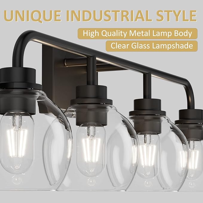 Tipace Industrial Bathroom Vanity Lighting Fixtures 4-Lights Vintage Black Finish with Globe Clear Glass Vanity Lights Farmhouse Bath Lighting(Exclude Bulb)