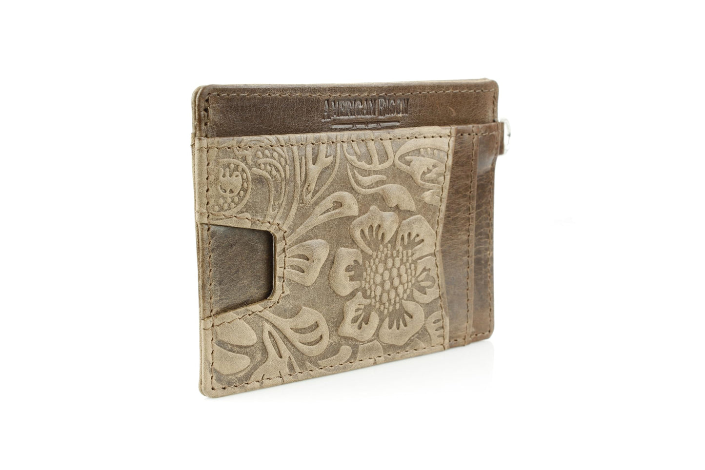 American Bison Embossed Floral Wristlet Wallet for Women – Small ID Card Holder with Credit Card Slots & Pull Tab Organizer – Compact Leather Wrist Strap Clutch (Brown)