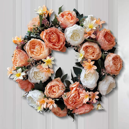 WANNA-CUL 20 Inch Spring Fall Wreaths for Front Door Decor,Summer Front Door Wreath with White and Champagne Gold Rose Flower for Wedding or Indoor&Outdoor Home Decor