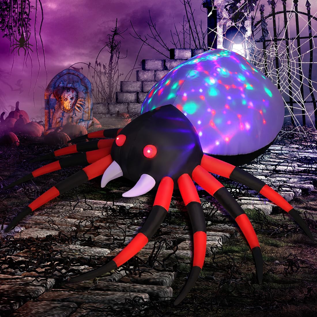 GOOSH 8 FT Width Halloween Inflatables Spider - Blow Up Yard Decorations with Magic Light - Halloween Outdoor Inflatables for Yard Garden Lawn Decor