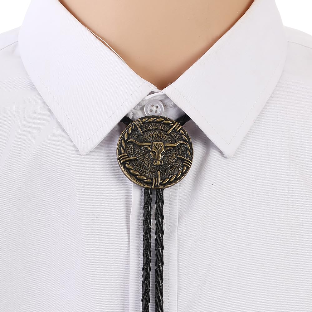 AZORA Western Cowboy Bolo Tie Men Leather Necktie Rope Cord Bull Disc Bola Tie Costume Accessory for Women