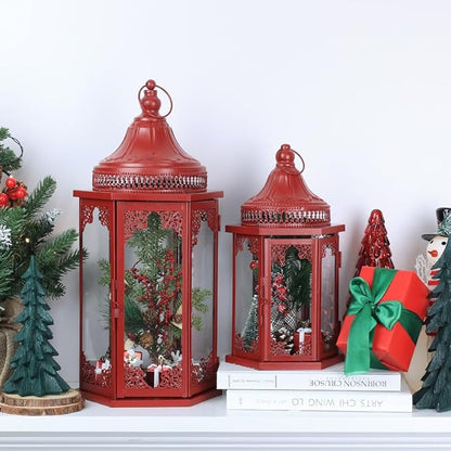 NEEDOMO Christmas Decorations Set of 2, 22''/15'' Christmas Lantern with Glass Panels for Home Decor, Decorative Hanging Lantern Indoor Outdoor for Xmas Table Centerpieces, Porch, Patio(Red)