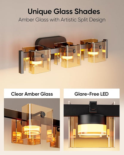 JACKYLED Bathroom Light Fixture, Modern 3-Light Vanity Lights with Art Glass Shades, 3 Color Temperatures LED Bathroom Lighting Fixture Over Mirror, 20W 1200 Lumen 30° Adjustable, Amber Glass
