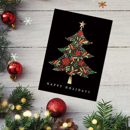 Masterpiece Tapestry Christmas Tree Cards / 16 Winter Holiday Cards Set With Gold Foil Accents And Coordinating Gold Foil Lined White Envelopes / 5 5/8" x 7 7/8" Folded Greeting Cards With Inside Verse