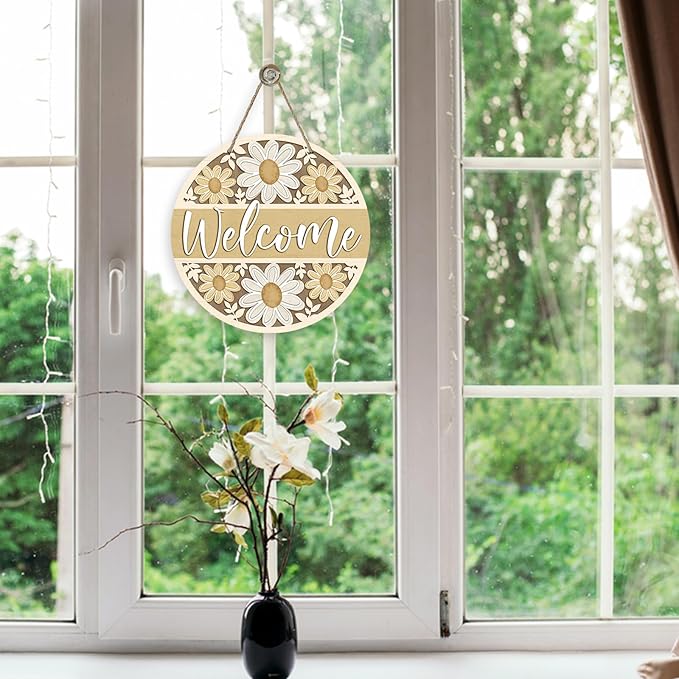 Deroro Welcome Spring Summer Daisy Flower Front Door Sign, Yellow Floral Farmhouse Wood Door Hanger Outdoor Outside Porch Decor, Rustic Seasonal Wooden Wreath Indoor Wall Hanging Decoration