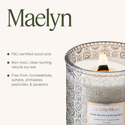 LA JOLIE MUSE Dark Berries & Bergamot Candle - Berries, Grape, Caramel | 19 oz Large Wooden Wick Candle | Natural Soy Wax | 90 Hours Clean Burn | Gift-Ready for Hosts & Gatherings | Elegant Home Décor