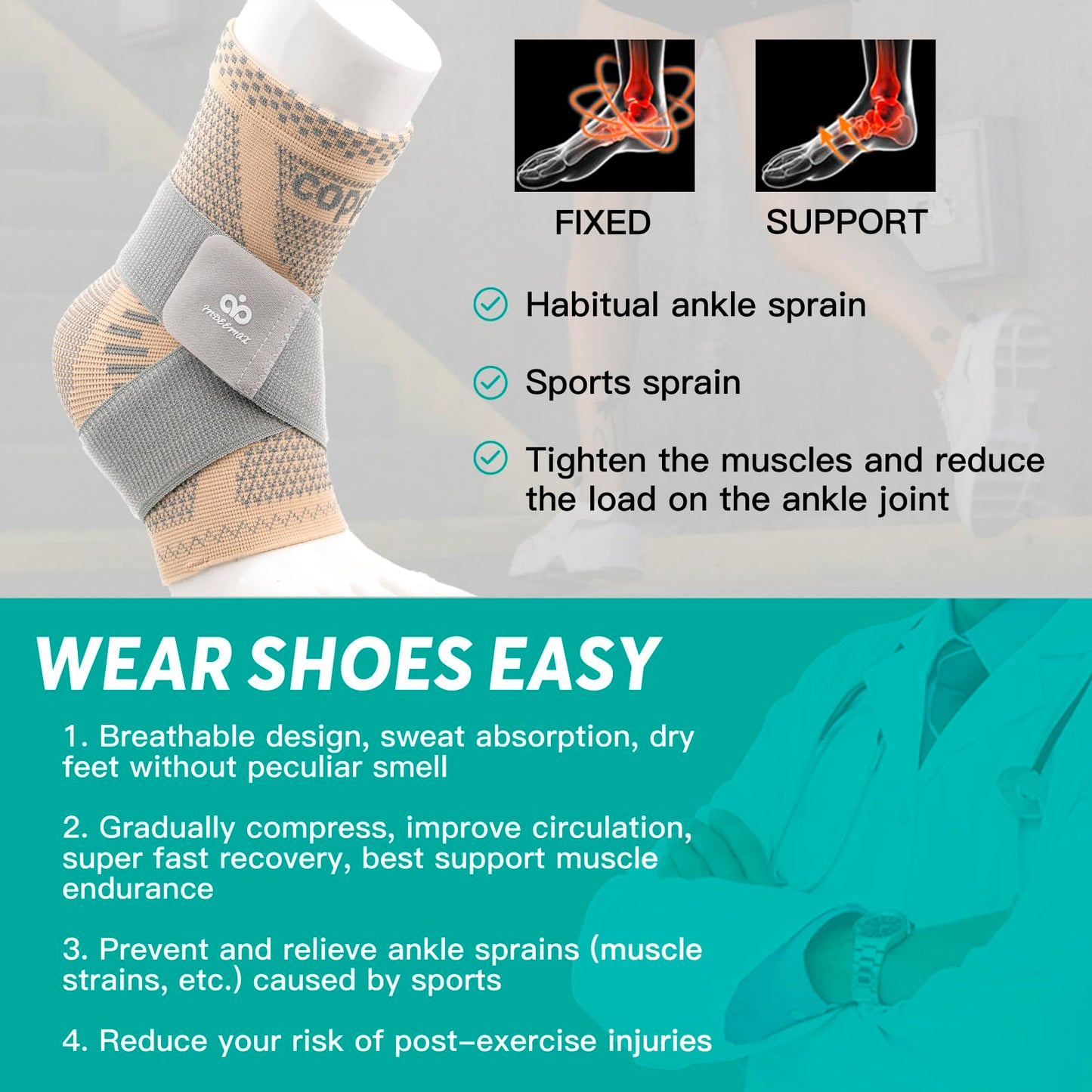 INDEEMAX Ankle Brace for Women & Men, Ankle Compression Sleeve Support Copper Infused Ankle Brace for Sprained Ankle, Plantar Fasciitis Sports, Achilles Tendonitis Pain Relief, Skin Silver, M