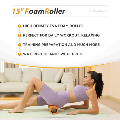 5 in1 Foam Roller Set, Trigger Point Foam Roller, Massage Roller Stick, Massage Ball, Resistance Band for Deep Muscle Massage Pilates Yoga,Fitness Exercise for Whole Body (Black-Red)