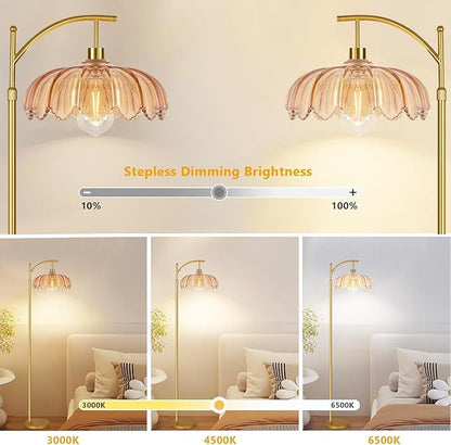 Gold Floor Lamp for Living Room,Bedroom,Mid Century Modern Standing Lamp with Remote,Dimmable Brass Tall Lamp Amber Glass Vintage Retro Arc Floor Lamps Flower Floor Light Boho Bohemian