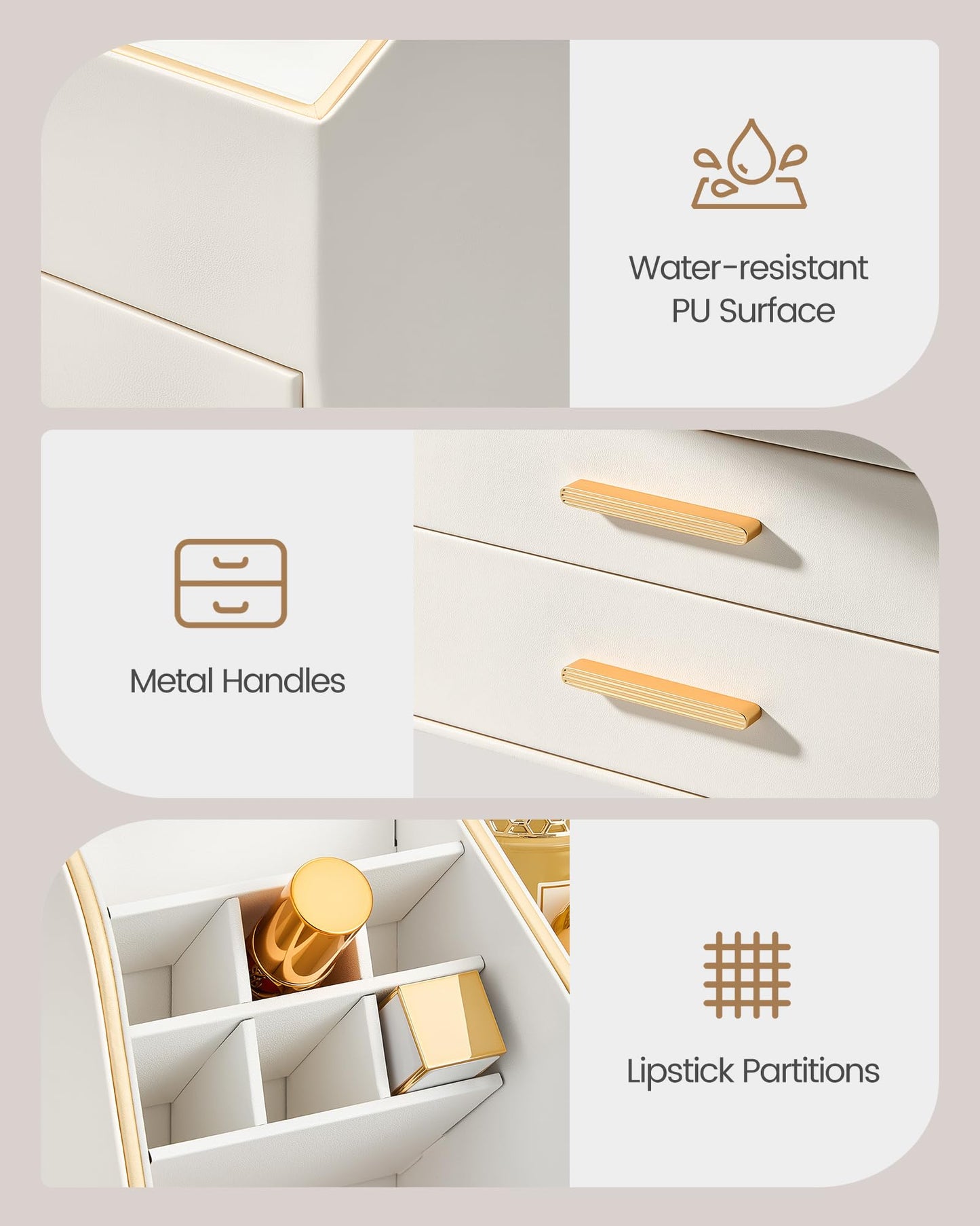 Lolalet Makeup Organizer Countertop with Drawers, Easy to Clean PU Leather Storage Box, 3-Layer Cosmetic Holder for Skincare, Lipstick, Perfume & Brush, Display Case for Vanity Dresser Bathroom -Cream