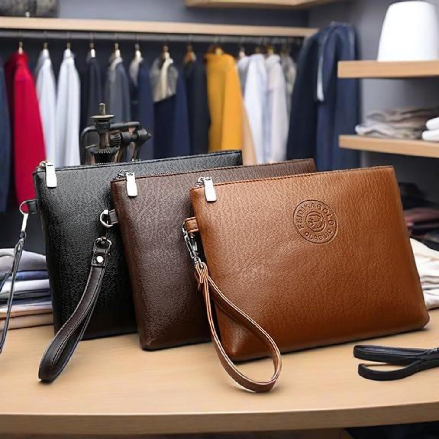 Mens Clutch Bag Man Purse Handbag 9.5 inches Large Hand Bag Big Clutch Wallet (Black)