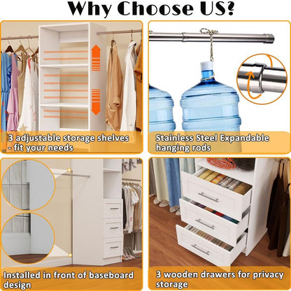 Closet System with Drawers, 5FT-9FT Custom Closet Organizer System 114.9" Walk in Wood Closet Storage System with 4 Expandable Hanging Rods Wall Mount White