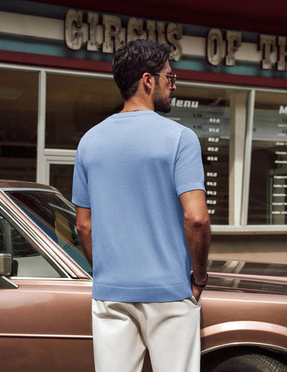 PJ PAUL JONES Knitted Shirt for Men Crew Neck Tees Short Sleeve Pullover Casual Slim Fit Men's T Shirts Light Blue