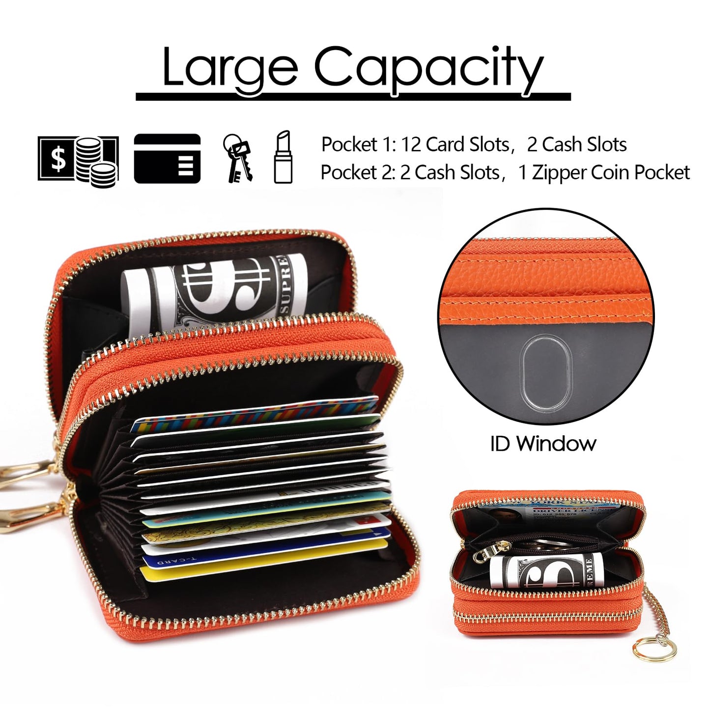 imeetu RFID Credit Card Wallet, Genuine Leather Zipper Card Case Holder with Removable Keychain(Max - Orange)