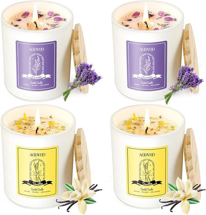 AOOVOO Lavender Candles Set for Women - 4 Pack Candles for Home Scented, 28 oz 200 Hour Long Lasting Aromatherapy Candle with Crystals Inside, Birthday Gifts Christmas Candle for Women Mom