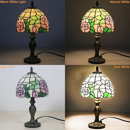 Small Tiffany Table Lamp,3 Color Temperature Pink Rose Stained Glass Table Lamps for Living Room, Dining Room,Bedroom Bedside Nightstand Night Light,W/LED Bulb,8X8X15Inch