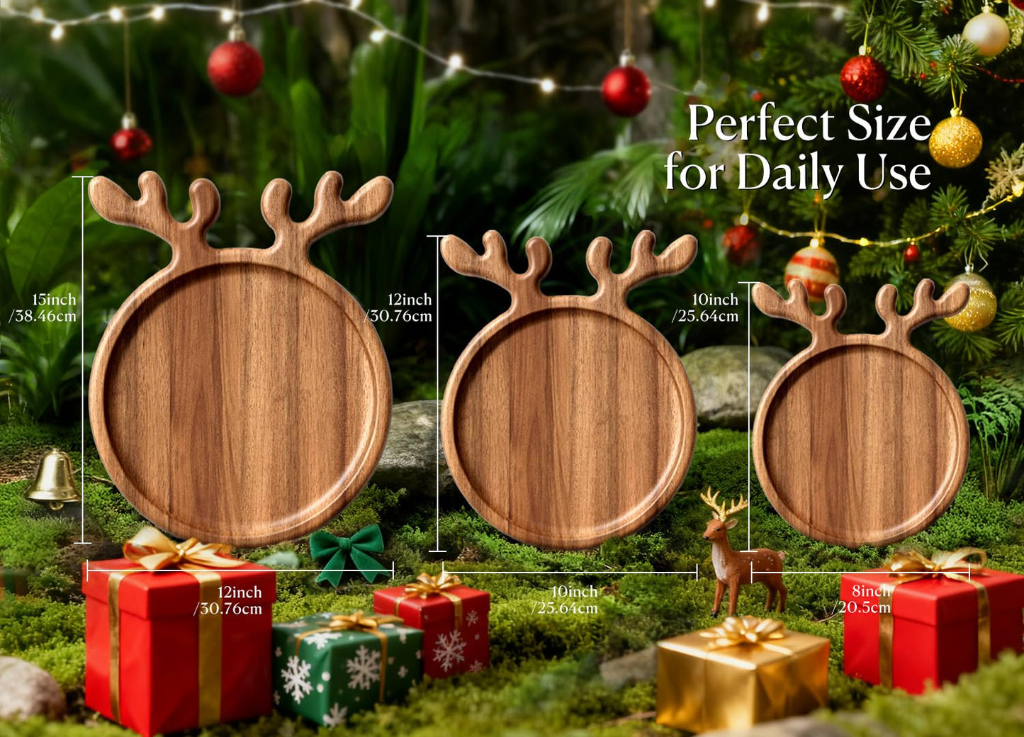 Dofira Acacia Wood Serving Platter, Christmas Decorative Reindeer Antler, 12"x10"Round Wooden Food Dish Display Plate, Charcuterie Board Tray for Cheese Fruit, Kitchen Gift for Mother’s Day (Gift Box)