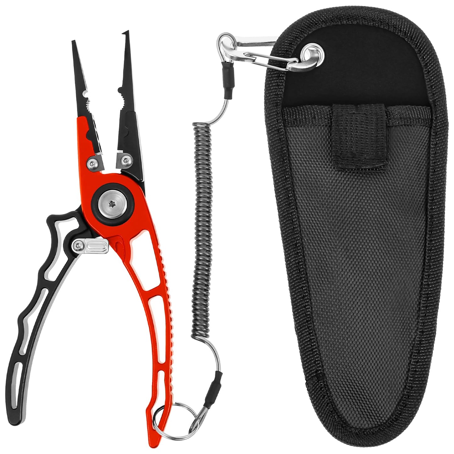 MABCIRY Aluminum Alloy Fishing Pliers with Canvas Sheath and Coiled Lanyard, Lightweight Fishing Tool with Safety Lock, Saltwater Resistant Fish Gear for Catch Fresh and Marine Fish