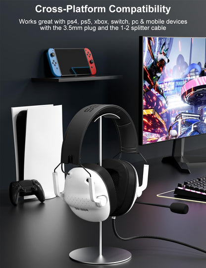SENZER SG500 Surround Sound Pro Gaming Headset with Noise Cancelling Microphone - Soft Memory Foam Padding - Portable Foldable Headphones for PC, PS4, PS5, Xbox One, Switch - White