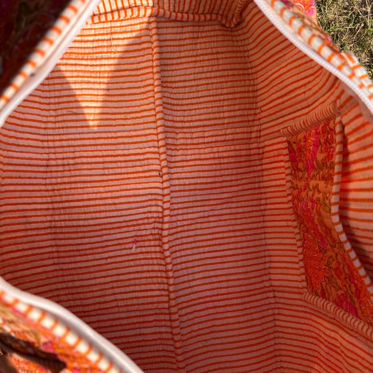 Large Orange Pink Cotton Quilted Duffle Bags Block Print Gifts Handmade Colorful Travel Night Travel Gym Yoga Luggage Pocket 18X9X9 inches