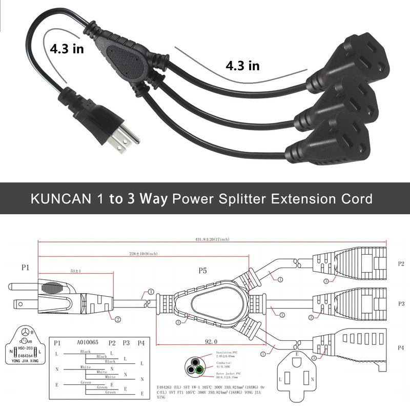 KUNCAN 3-Way Splitter Extension Cord - 3 Prong 1 to 3 Way Power Splitter, 1FT 18AWG 10A/1250W, NEMA 5-15P to 3X NEMA 5-15R Y Style 3-Outlet Extension Cord for Home, Room, Office(Black 1-Pack)